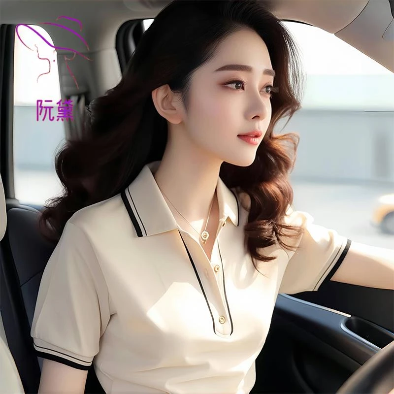 阮黛白色Polo领短袖T恤女新款夏设计感时尚洋气独特别致绝美上衣