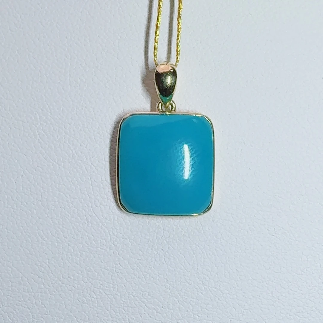 绿松石18K金镶嵌珠宝奇石饱满玉华蓝方糖吊坠