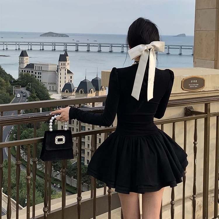 高领针织裙蓬蓬裙芭比千金气质小黑裙公主连衣裙女秋冬大衣内搭半