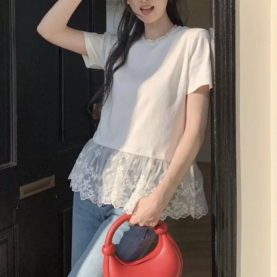 纯棉拼接蕾丝花边短袖T恤女夏季正肩显瘦打底内搭小众设计感上衣