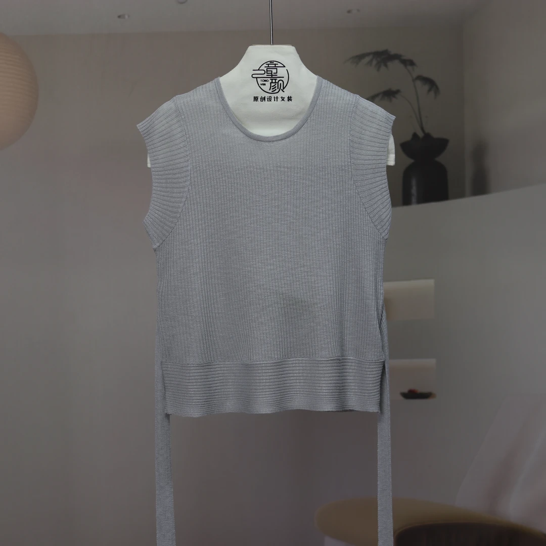 【10498】高品质原创设计灰色百搭韩系收腰系带针织衫D