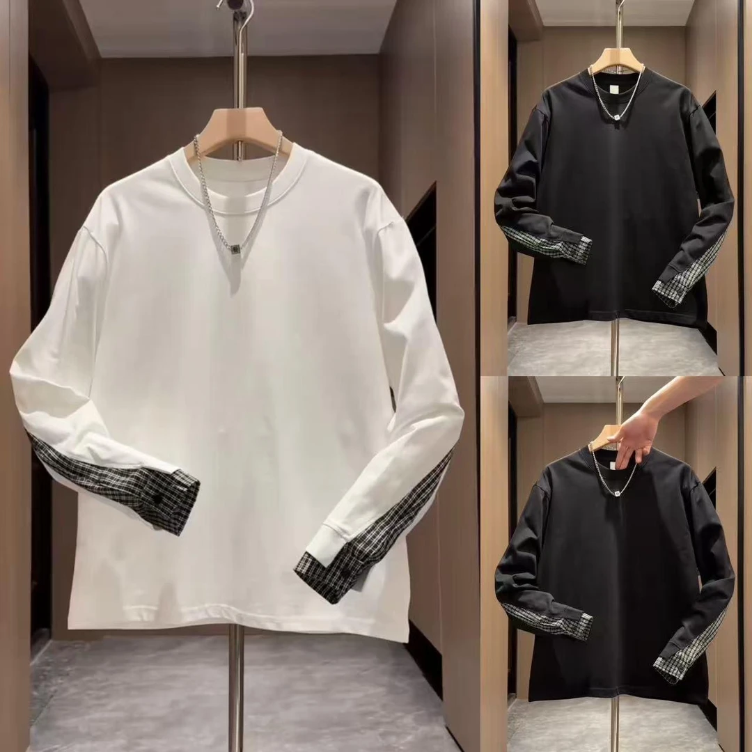 2025秋季新款男士圆领套头休闲痞帅打底潮牌长袖T恤袖子拼接卫衣