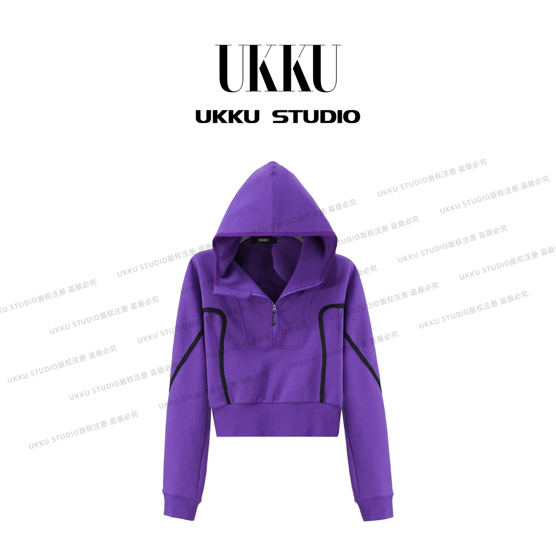 大美【UKKUSTUDIO】早秋修身葡萄紫气质显白重磅连帽卫衣614621