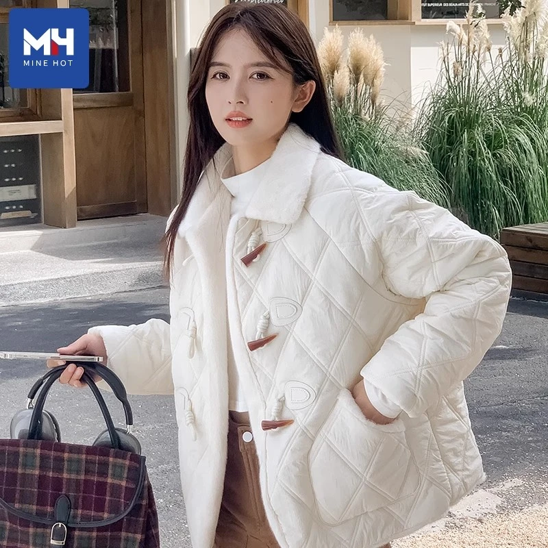 唐狮集团MH加厚加绒外套女秋冬款小香风防寒棉袄牛角扣翻领棉服x