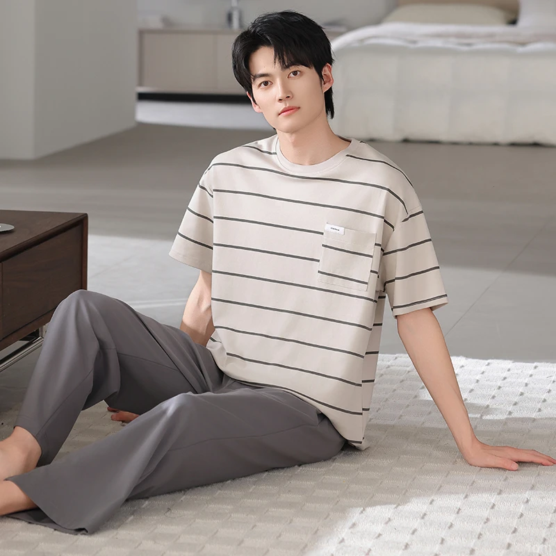 男士睡衣夏季男款2025新款纯棉全棉短袖长裤可外穿男式家居服套装