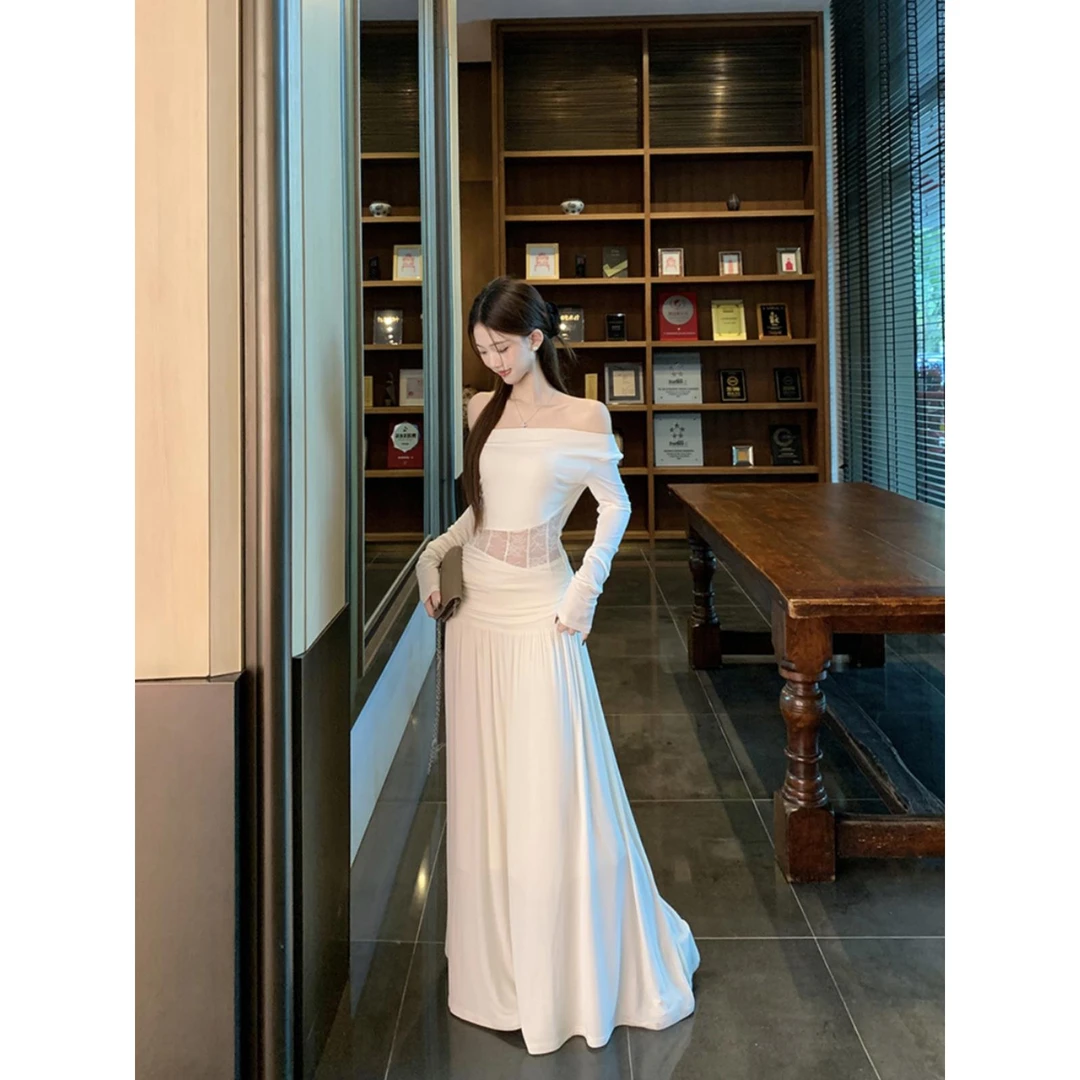 蕾丝拼接露肩长袖T恤chic显瘦半身长裙女2025春季新款时尚套装潮