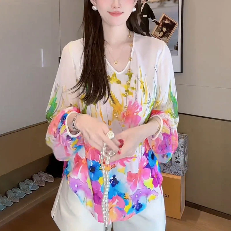 碎花T恤女士2025秋季新款时尚减龄设计感独特超好看小衫印花上衣