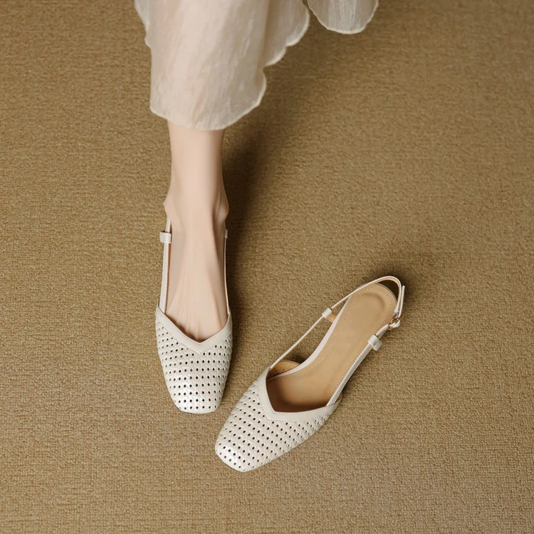 牛皮~3cm通勤方头透气镂空洞洞鞋百搭低粗跟一字带包头罗马凉鞋女