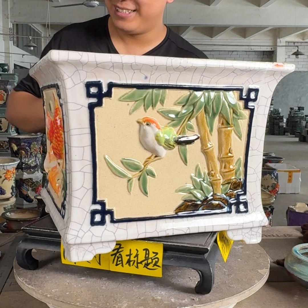 。一风堂石湾花盆 高温裂已修补 内30*23