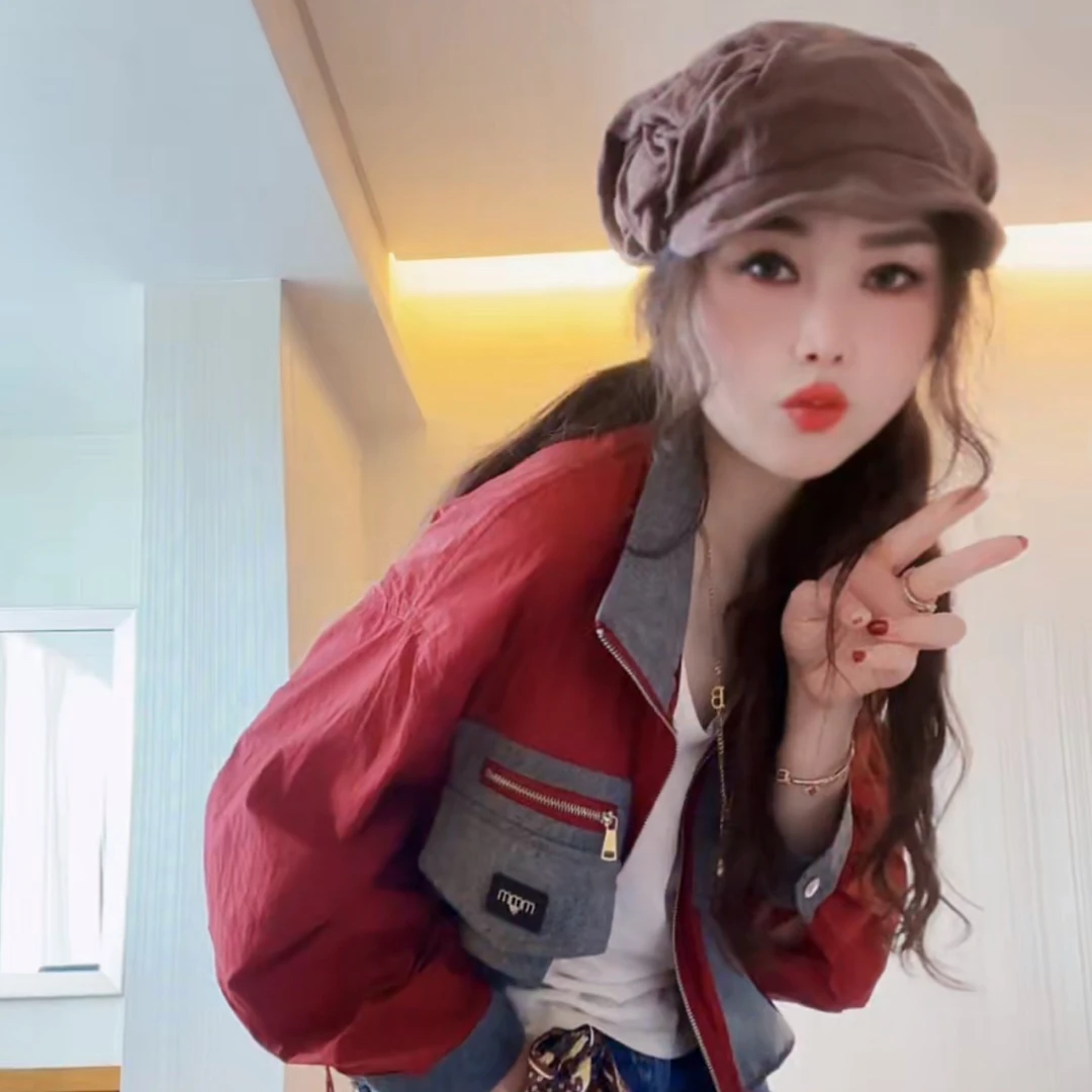 欧货休闲牛仔拼接防晒外套2025春夏新款时尚洋气双兜抽绳超薄上衣