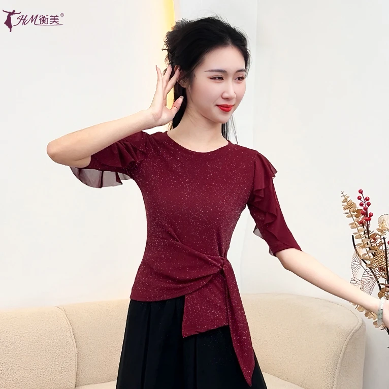 2025新款韩国银丝古典舞时尚练功服荷叶袖成人不规则绑带现代舞服