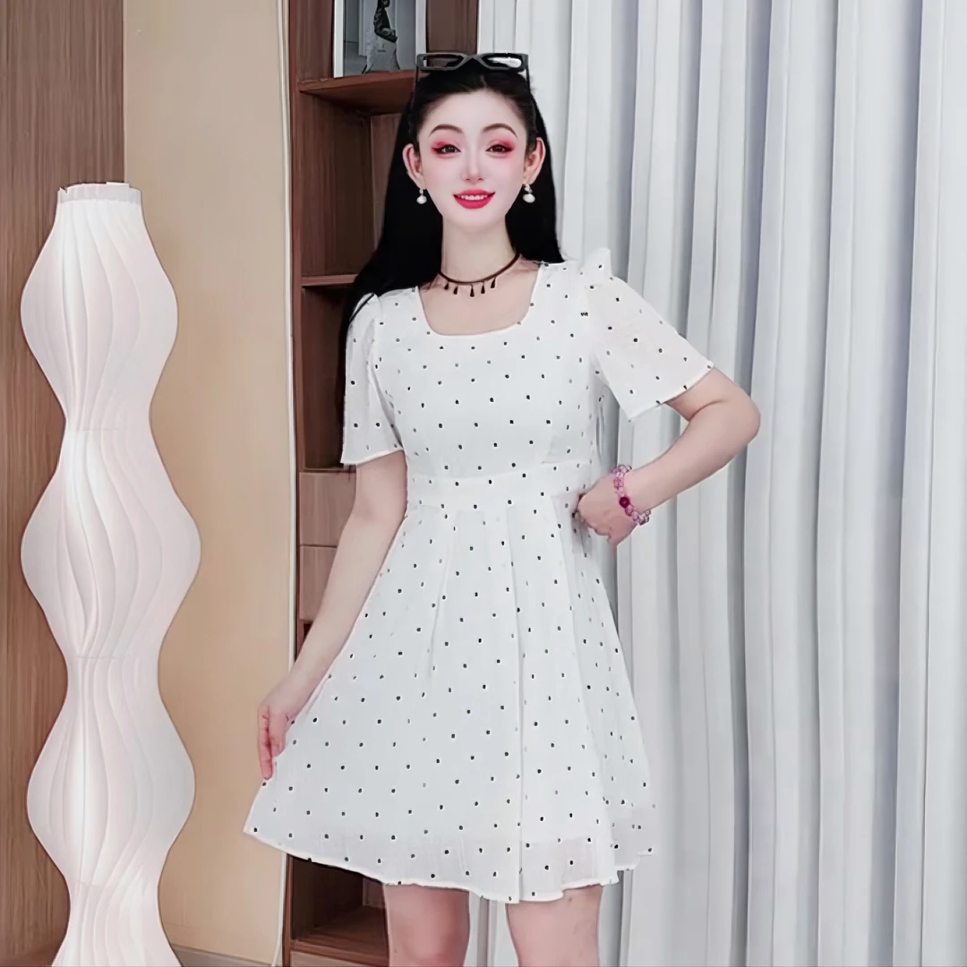 3660女装夏季法式显瘦新收腰微胖小个子甜美波点白色度假连衣裙