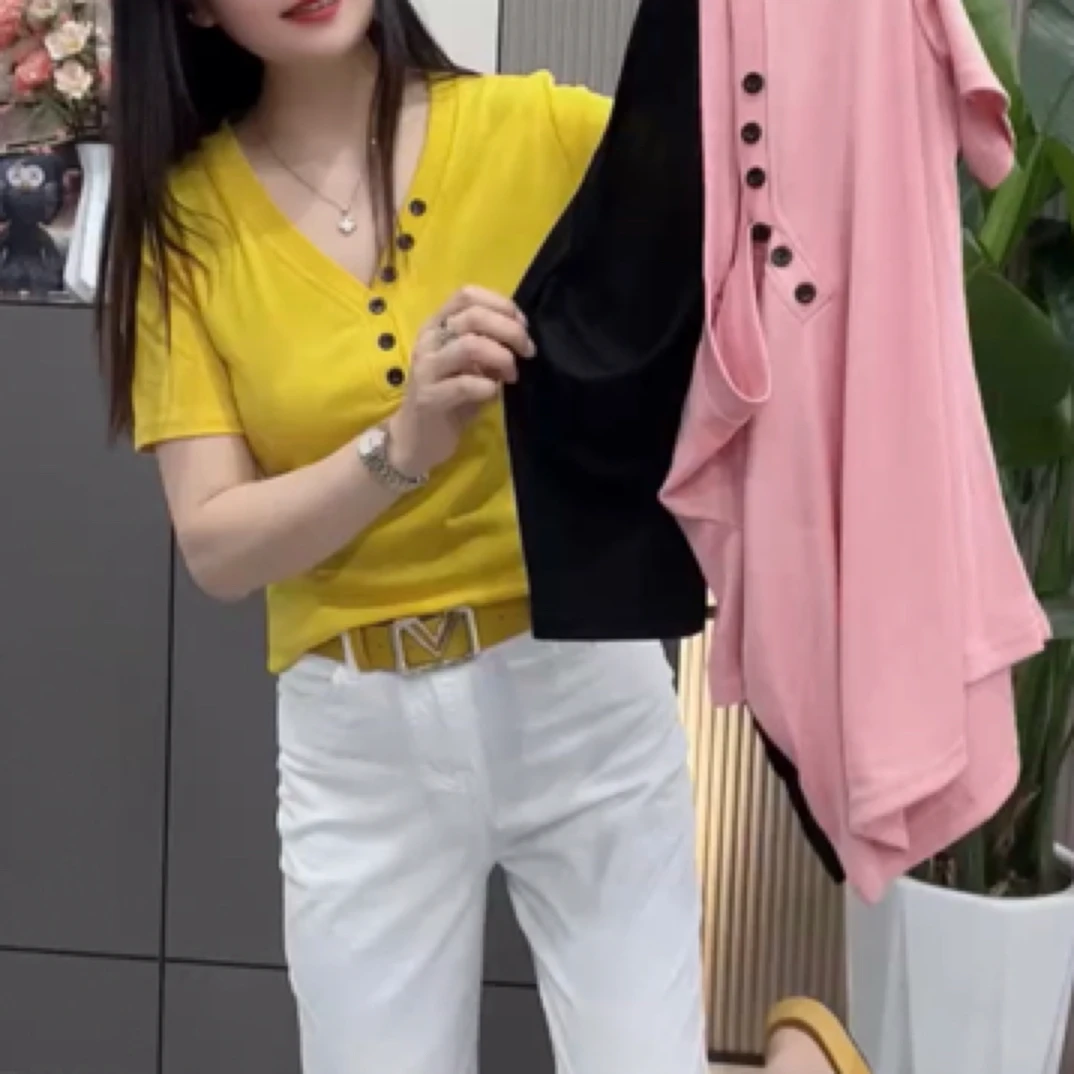 短袖纽扣染色法式针织短款V领T恤纯色显瘦夏装修身