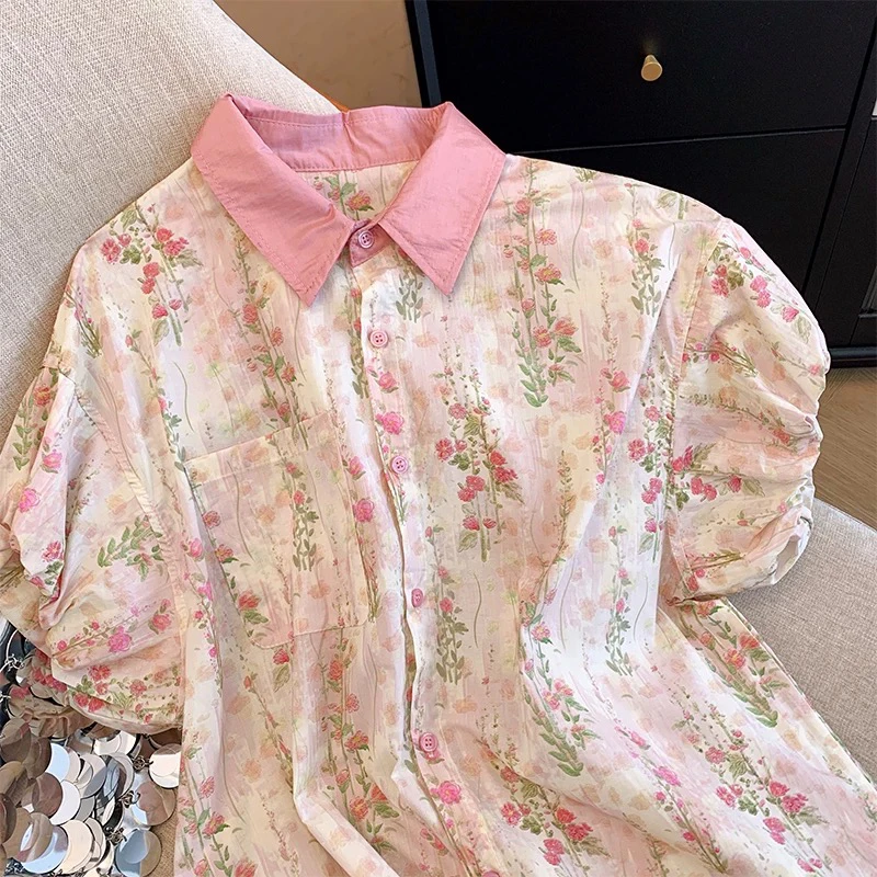 碎花翻领短袖衬衫女夏季新款雪纺泡泡袖洋气宽松粉色显瘦小衫上衣