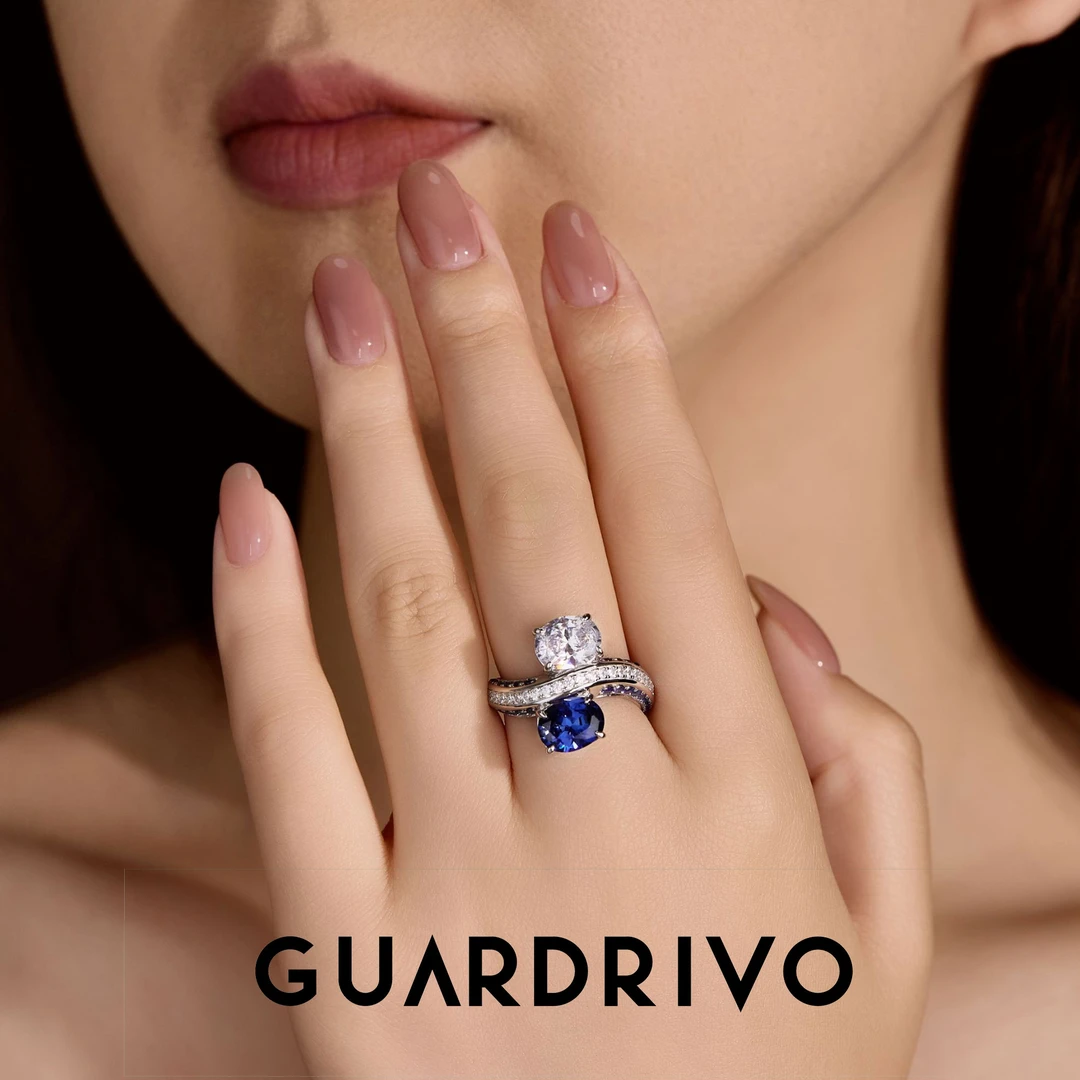 925银锆石戒指 GUARDRIVO 925银合成锆石戒  双生蓝白戒指