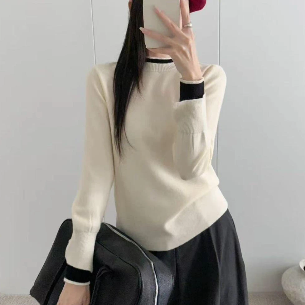 秋冬时尚休闲通勤圆领撞色显瘦长袖打底上衣假两层针织衫-6356