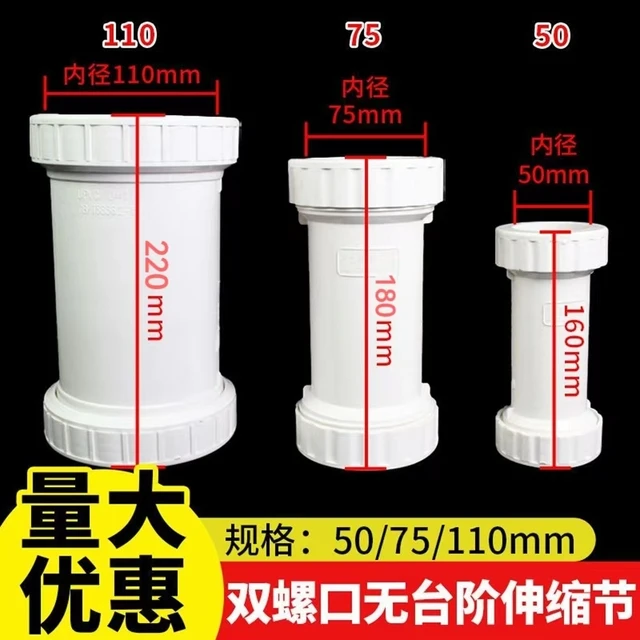 pvc双螺口无台阶伸缩节50 75 110下水管快速抢修双活接加长伸缩头
