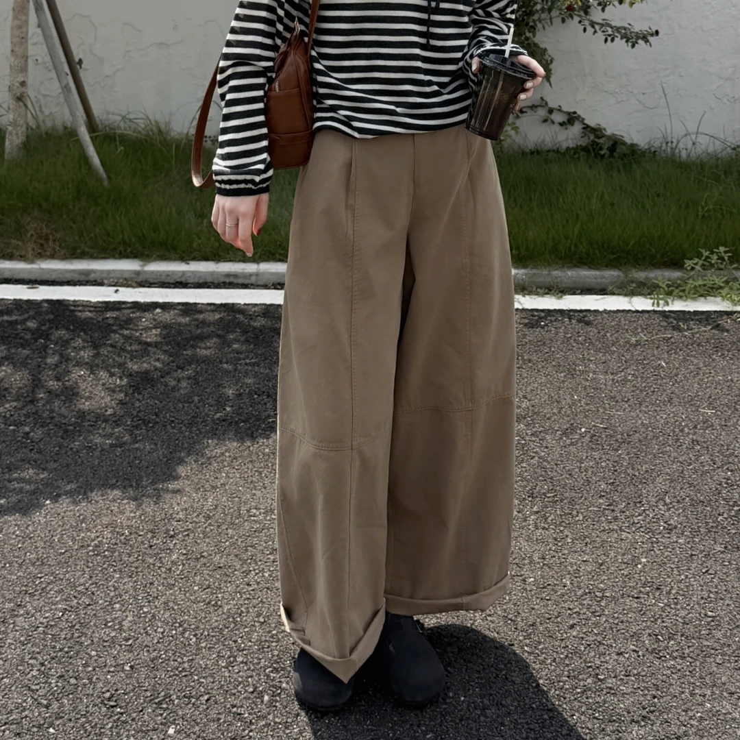今婷2025复古纯色高腰休闲长裤女洋气百搭工装阔腿裤-HQ259107
