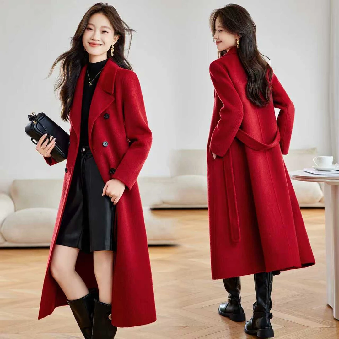 411-420双面毛呢外套通勤风韩版显瘦过膝纯色秋冬款（非主图款）