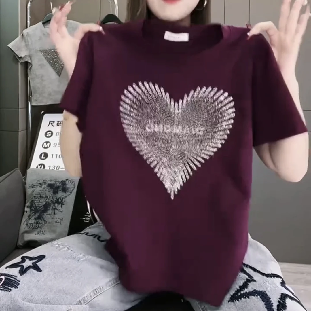 1112常规款烫钻短袖心形圆领T恤网红时尚女显瘦气质潮流春夏新款