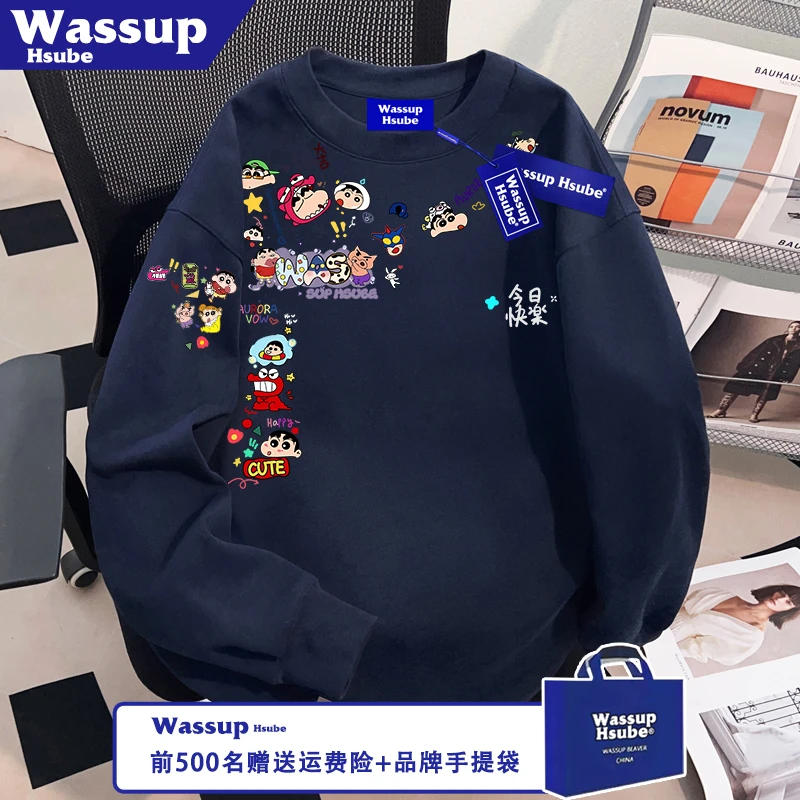 WASSUP HSUBE小新印花T恤ins男女新款藏青色时尚长袖秋季纯棉上衣