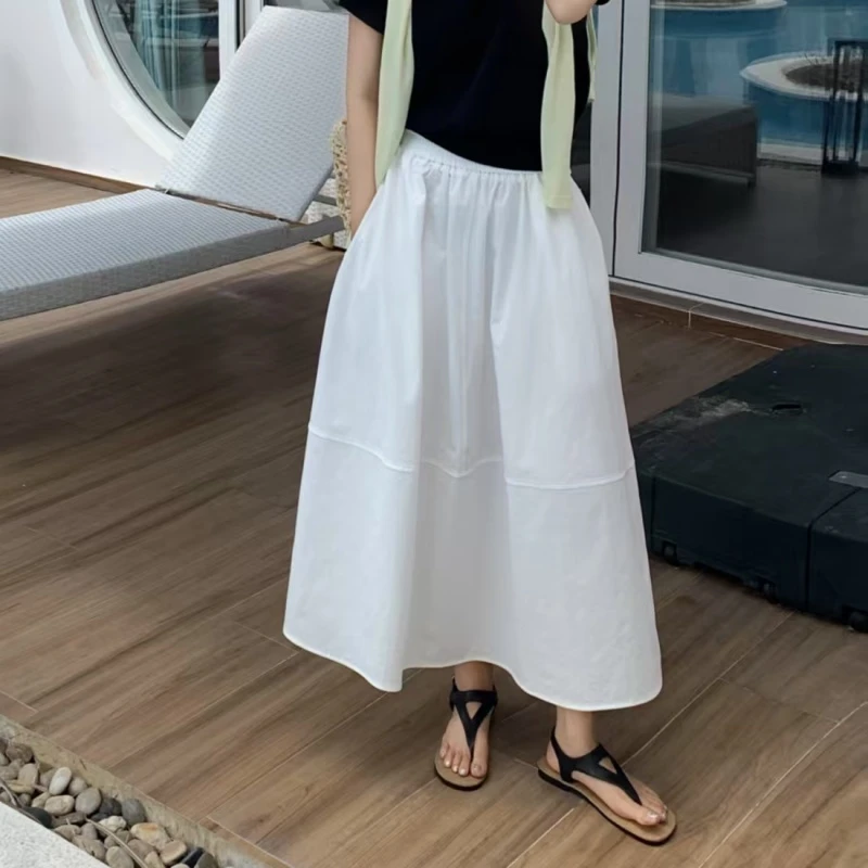 25夏季新款白色A字半身裙慵懒风高腰中长款花苞裙休闲百搭雨伞裙