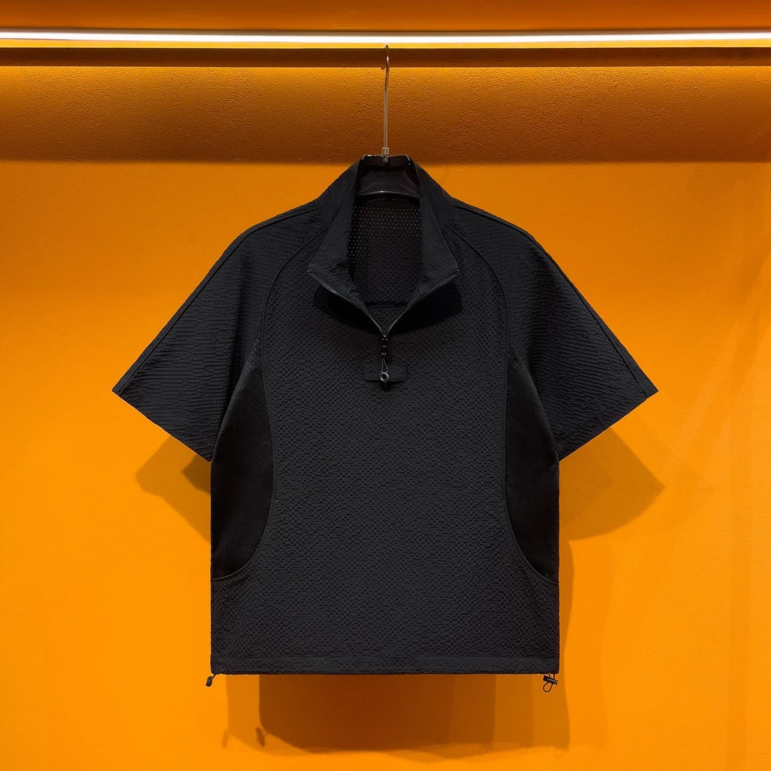 2025夏季新款黑武士男士立领半拉链网孔线条设计户外休闲短袖T恤