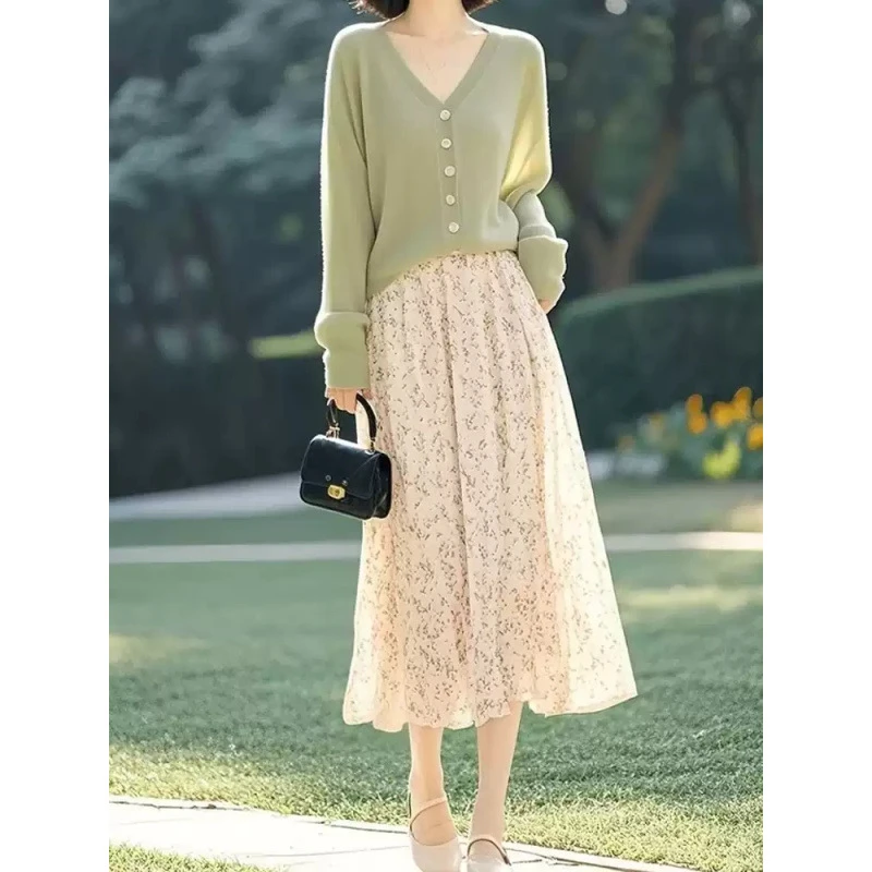 2025薄荷绿针织套装女春季新款高级感开衫上衣碎花半身裙子两件套