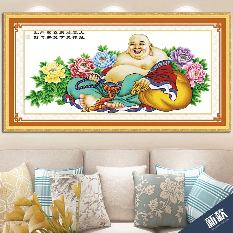 弥勒佛如来佛人物十字绣满绣72色有勾边笑佛大肚佛非满绣牡丹花