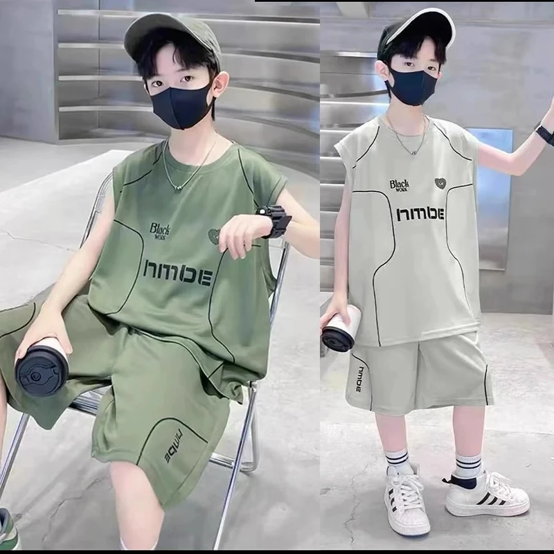 MK&UR.BV男童夏季冰丝套装无袖休闲速干套装中大童背心短裤两件套