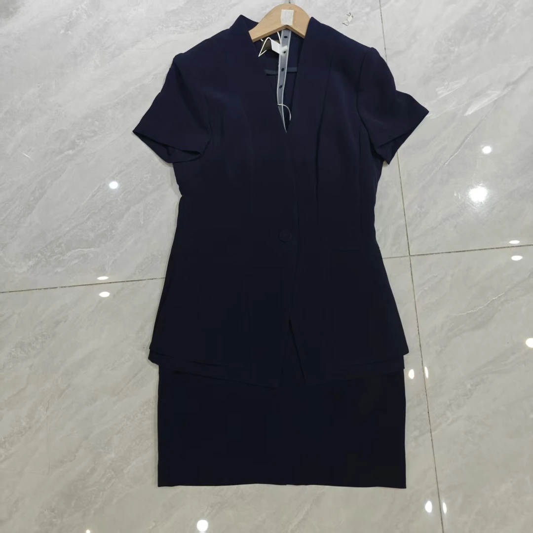 0356职业女裙套装蓝色春夏短袖女装西装裙时尚女款收腰