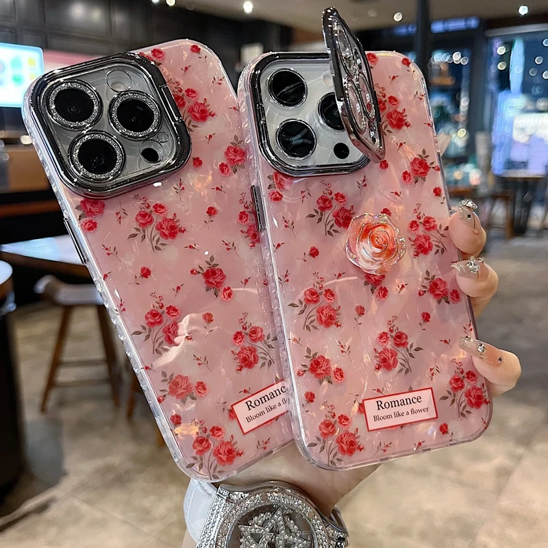 适用苹果系列iPhone  16新款手机壳满屏玫瑰花银灰色闪粉镜头支架