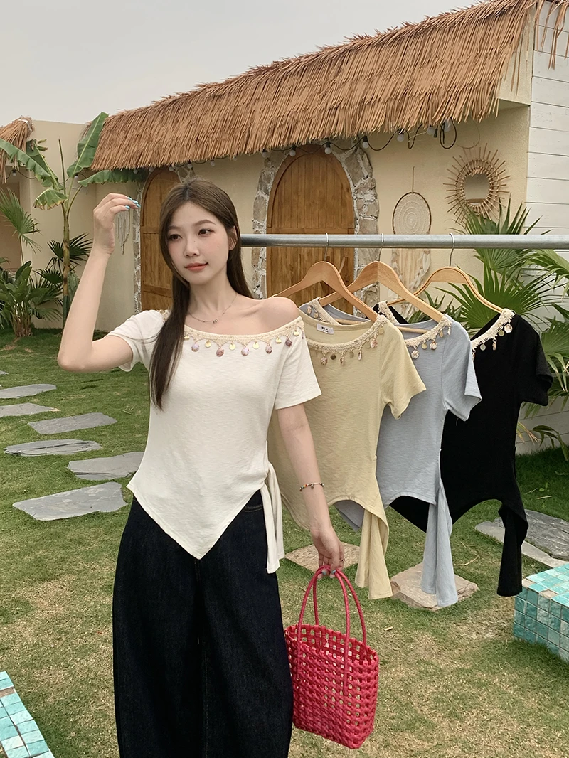 2025夏装新款胖mm大码女流苏贝壳一字肩不规则短袖T恤