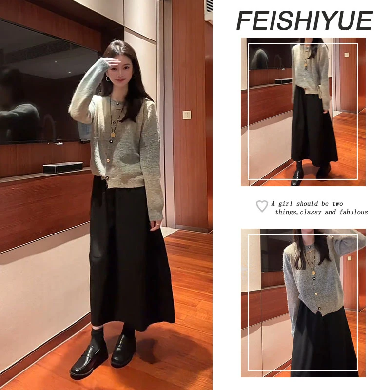 秋季穿搭一整套女2025新款圆领针织衫百搭休闲半身裙两件套