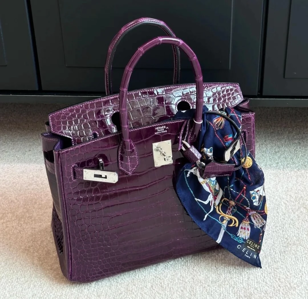99新 Hermes/爱马仕 birkin35 9G紫水晶 亮面倒V鳄  框O刻
