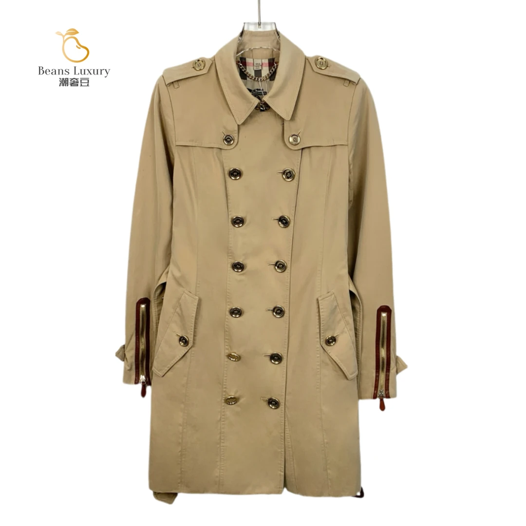 95新 BURBERRY/博柏利 棕色棉质金扣拼皮风衣/Q12281
