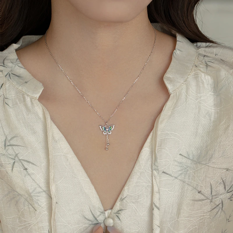 坠链均925银合成锆石 滴釉流苏蝴蝶项链新中式高级感小众配饰