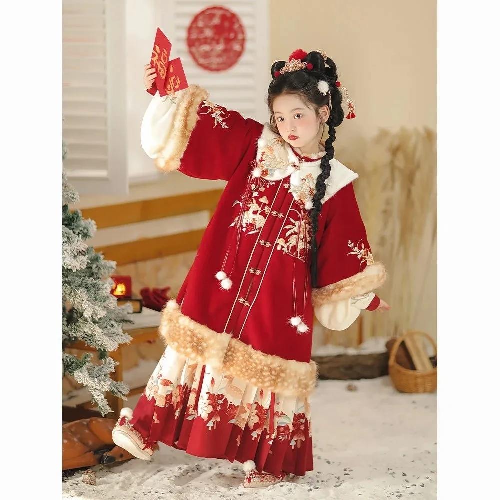 【灵鹿贺春】新款汉服女童冬季拜年加绒加厚唐装中国过年套装