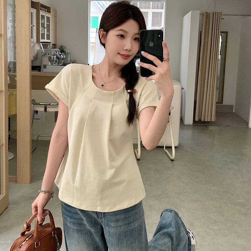 【柔柔】春季新款夏款韩版设计感压褶短袖恤女减