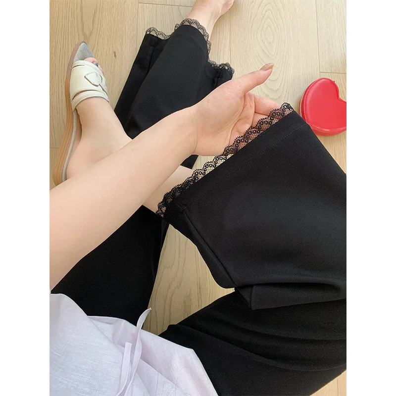 黑色蕾丝边高腰直筒休闲裤女夏薄款小个子梨形身材宽松显瘦九分裤