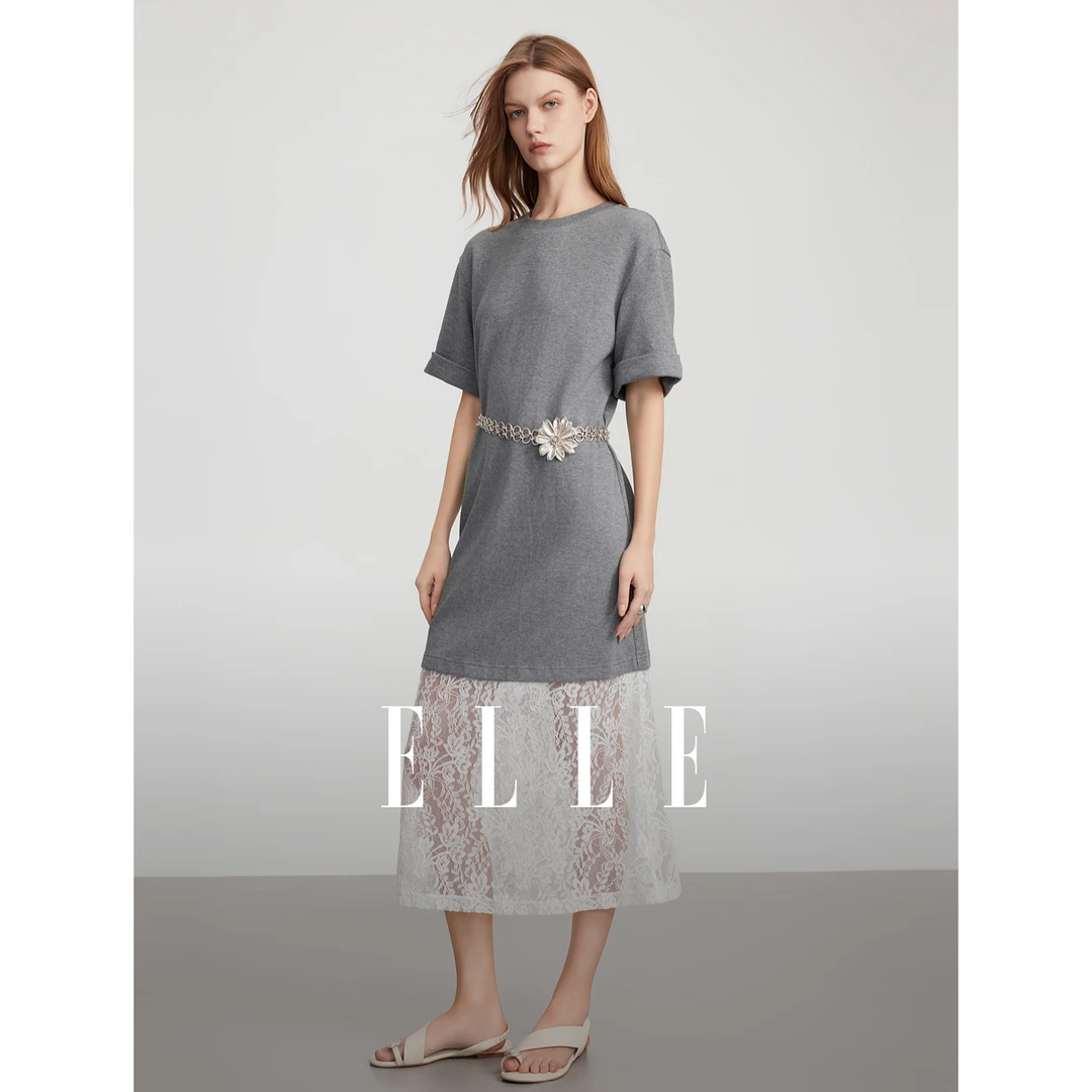 ELLE法式蕾丝花边拼接T恤连衣裙女2025夏季新款宽松EL51949