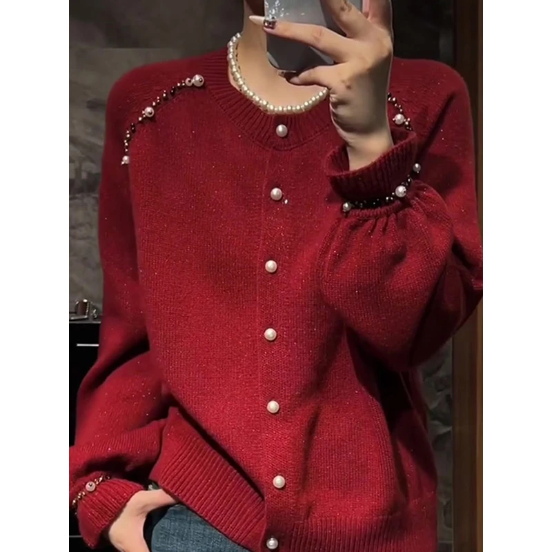 红色圆领钉珠长袖针织开衫女2025秋冬新款大码轻奢百搭气质毛衣