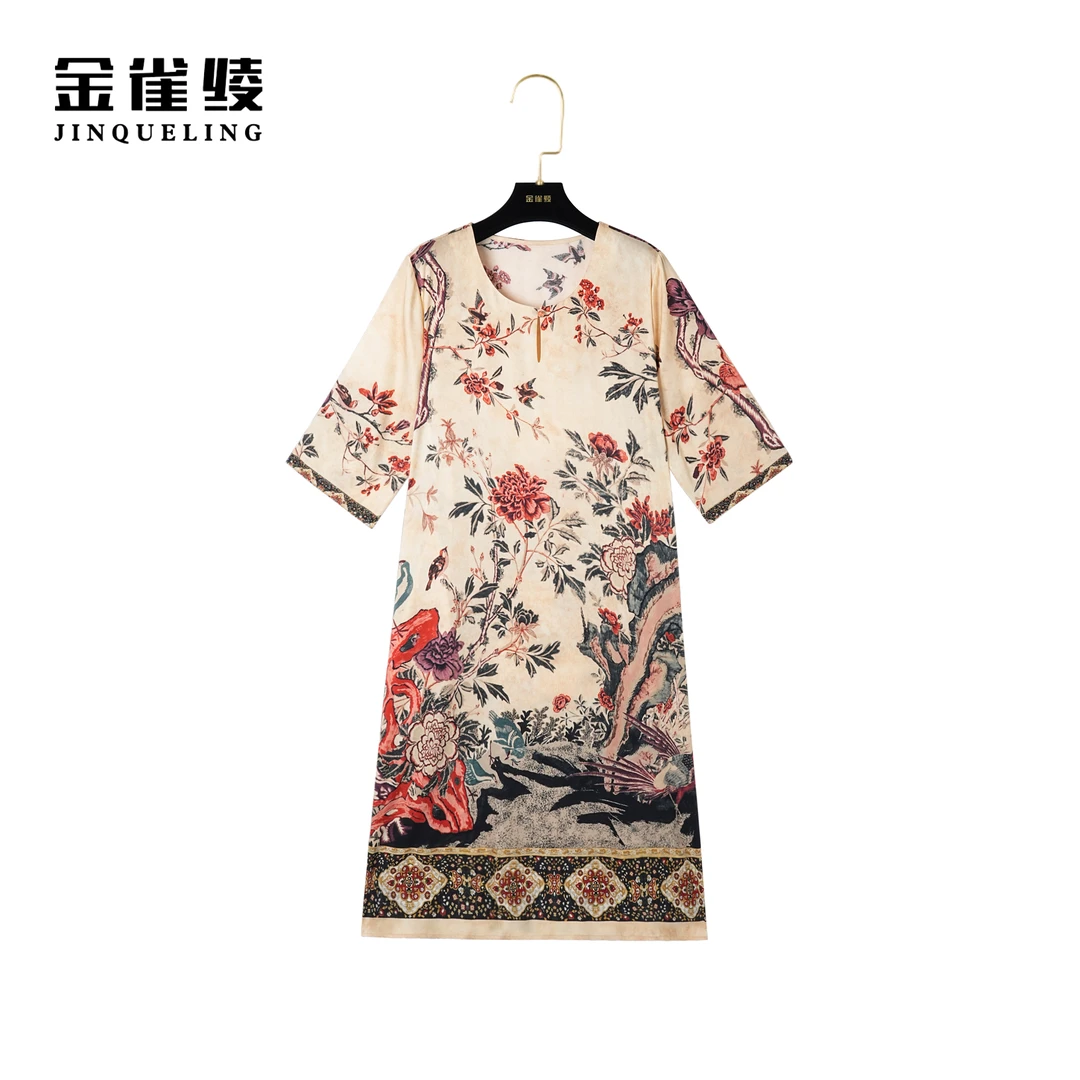 金雀绫【凤求凰】桑蚕丝真丝复古中国风印花女装连衣裙AL6118