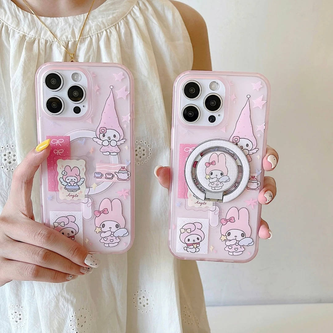 磁吸肤感粉粉美乐蒂支架壳适用于苹果13手机壳苹果15pro保护壳16