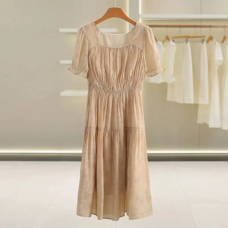 【JX065卡其色气质裙】2025时尚连衣裙百搭洋气款夏季短袖中长款裙