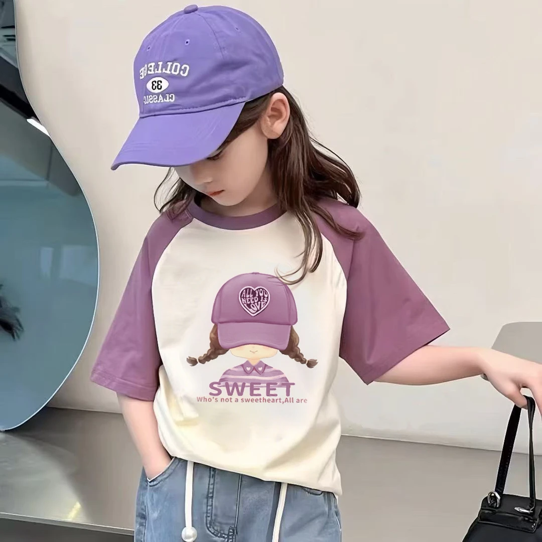 女童短袖纯棉女孩图像T恤夏季新款儿童夏装中大童女孩插肩上衣