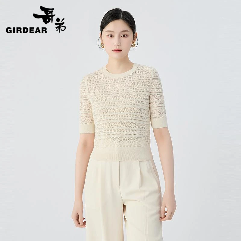 哥弟 圆领短袖镂空花纹针织138020韩系T恤上衣