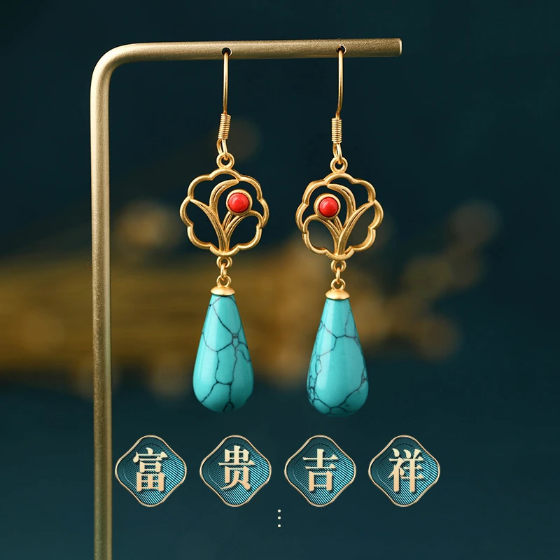 铜合金亚克力耳饰 新品国潮24k镀金镶嵌仿绿松石复古宫廷耳环长款