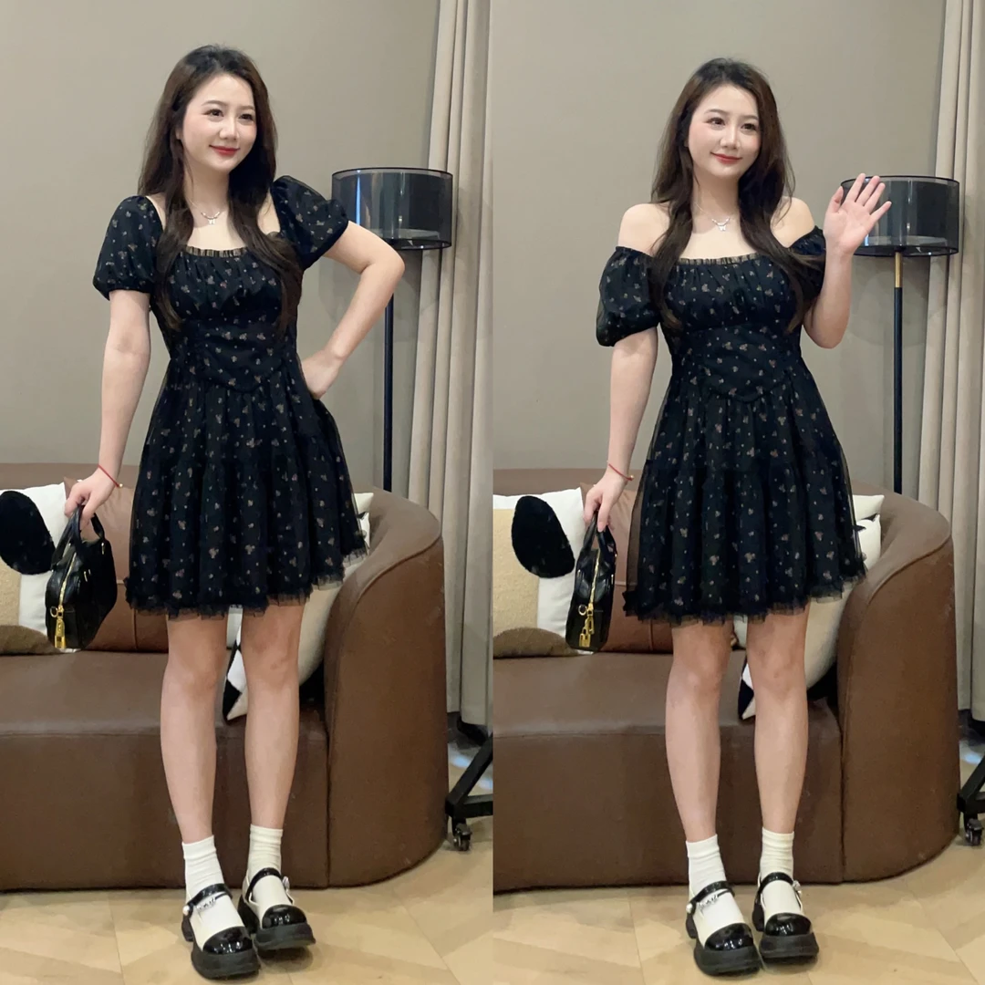 大萌萌 洋气两穿网纱拼接收腰碎花连衣裙夏季微胖显瘦P225Q08912