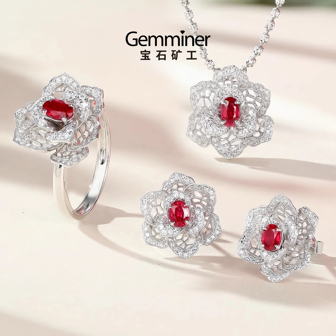 宝石矿工   18K金玫瑰花红宝石吊坠耳饰